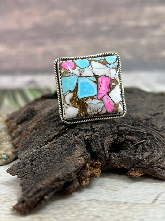 Handmade Sterling Silver Cotton Candy Turquoise Adjustable Ring with Signed Nizhoni