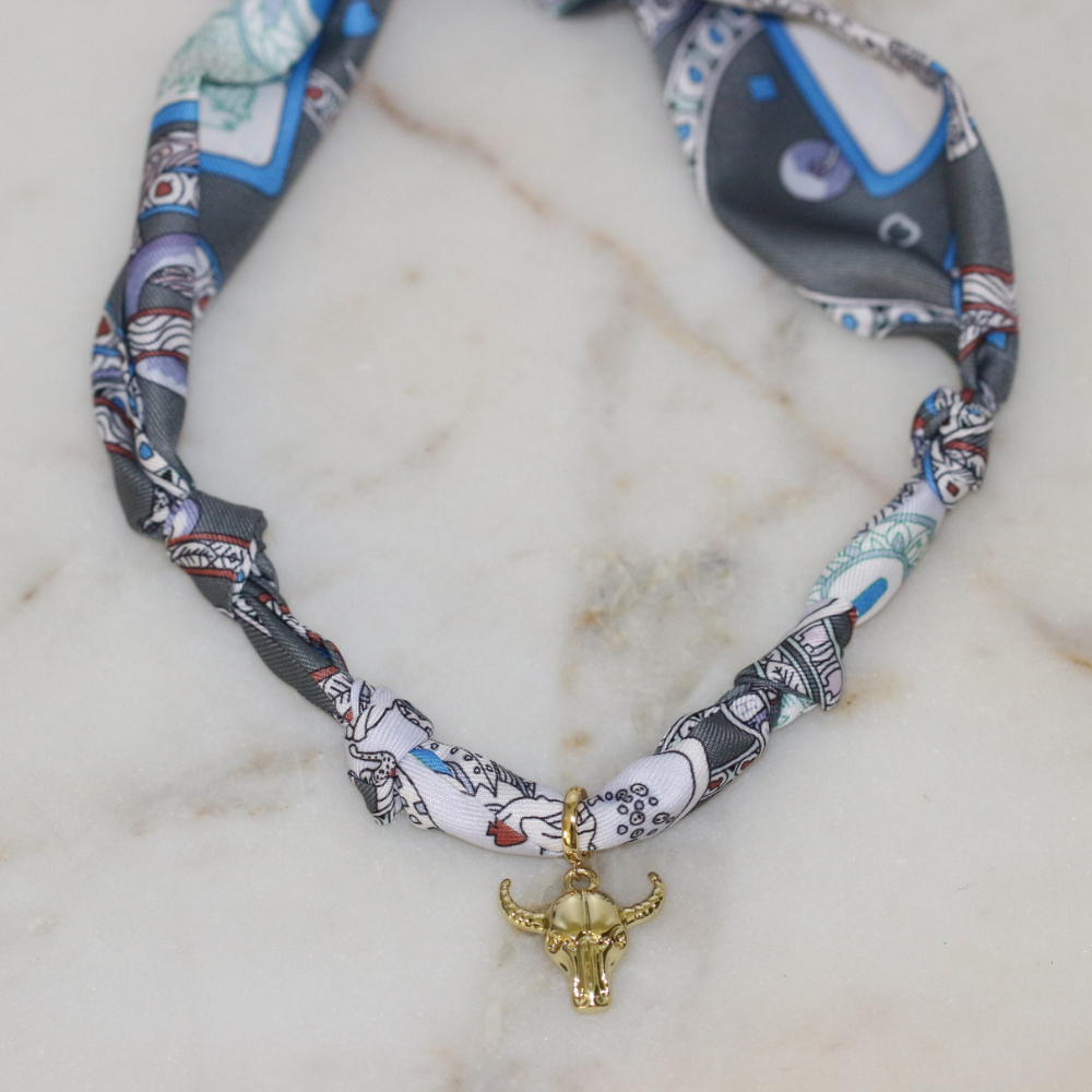 No Bull in Gray Scarf Necklace - gold bull pendant