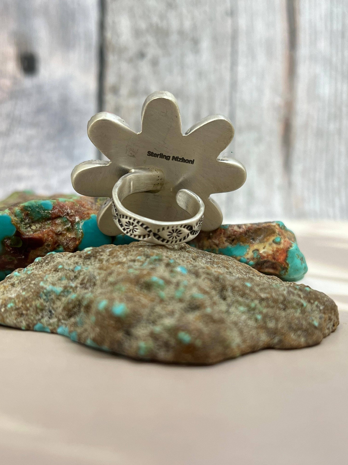 Handmade Sterling Silver Dahlia Rose Adjustable Ring with Signed Nizhoni