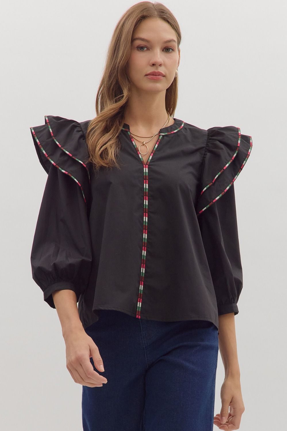 Ruffle Shoulder Contrast quarter sleeve blouse