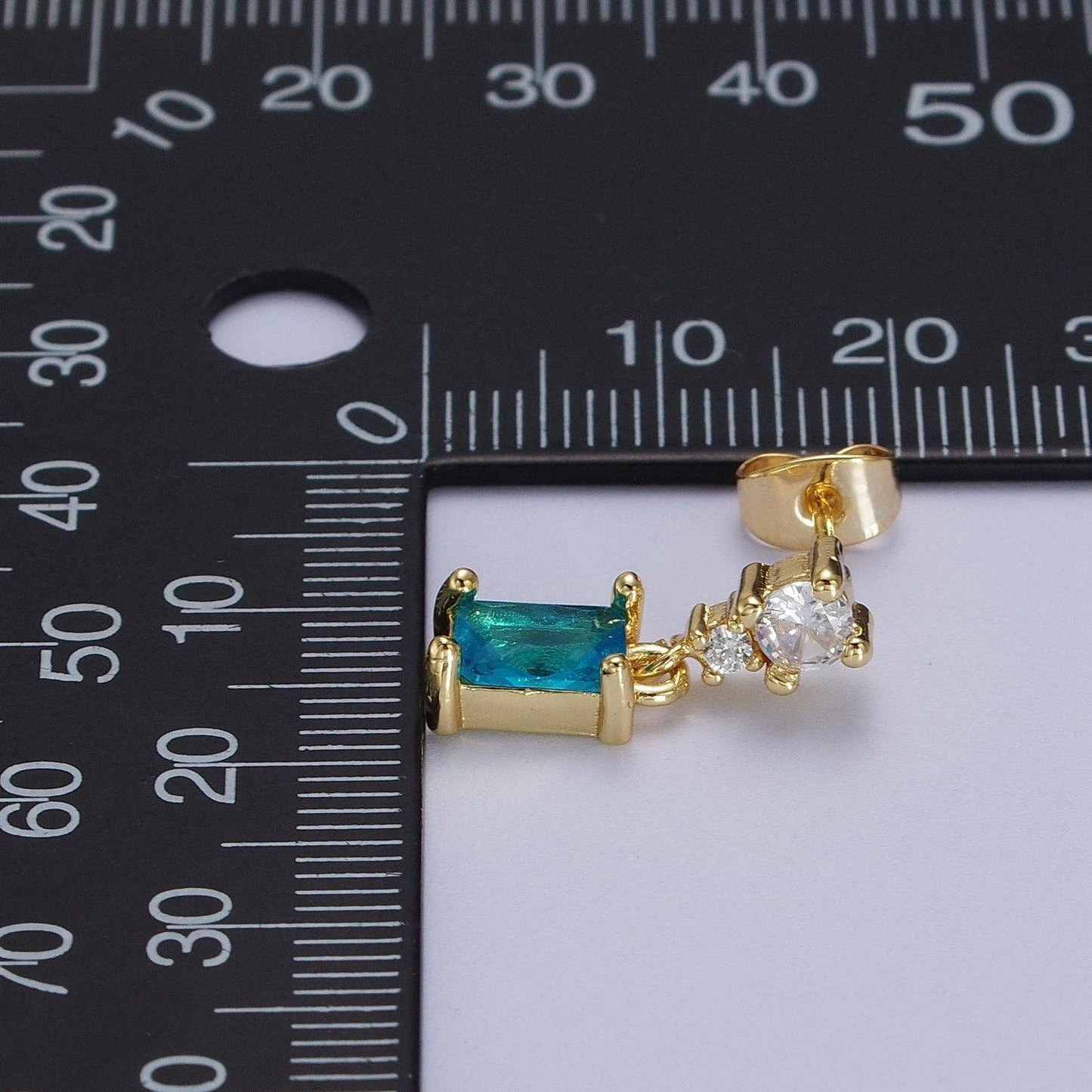 Gold Filled Aqua Blue Baguette Cubic Zirconia Dangle Drop Stud Earrings | Y119