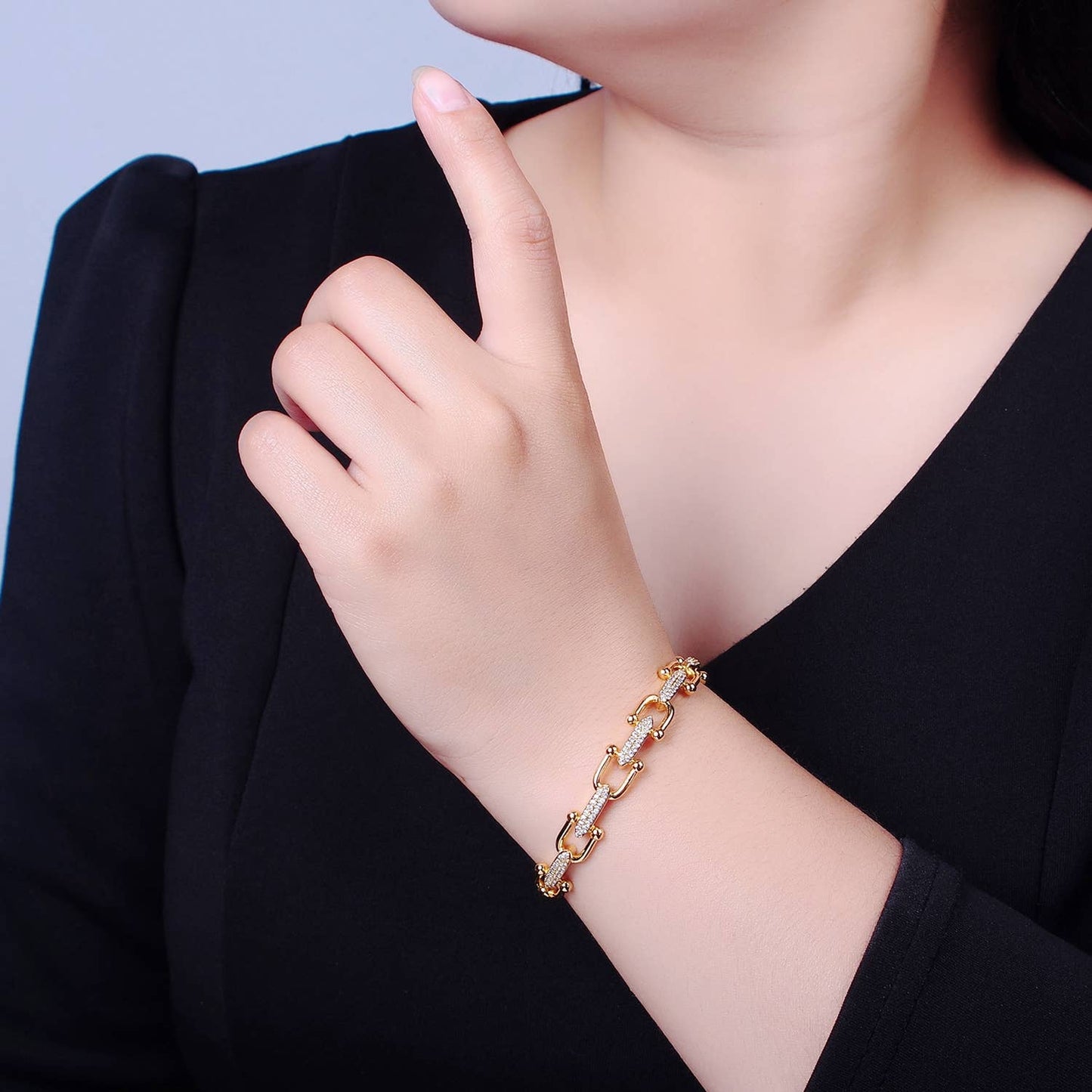 Gold U Link Bangle Cuff Bracelet Silver CZ Link Chain