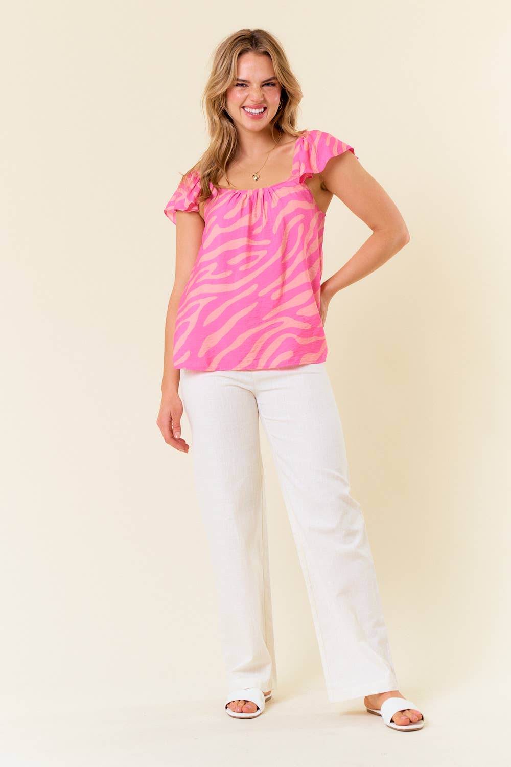 Ruffled Strap Zebra Printed Flowy Tank Top - 43991T