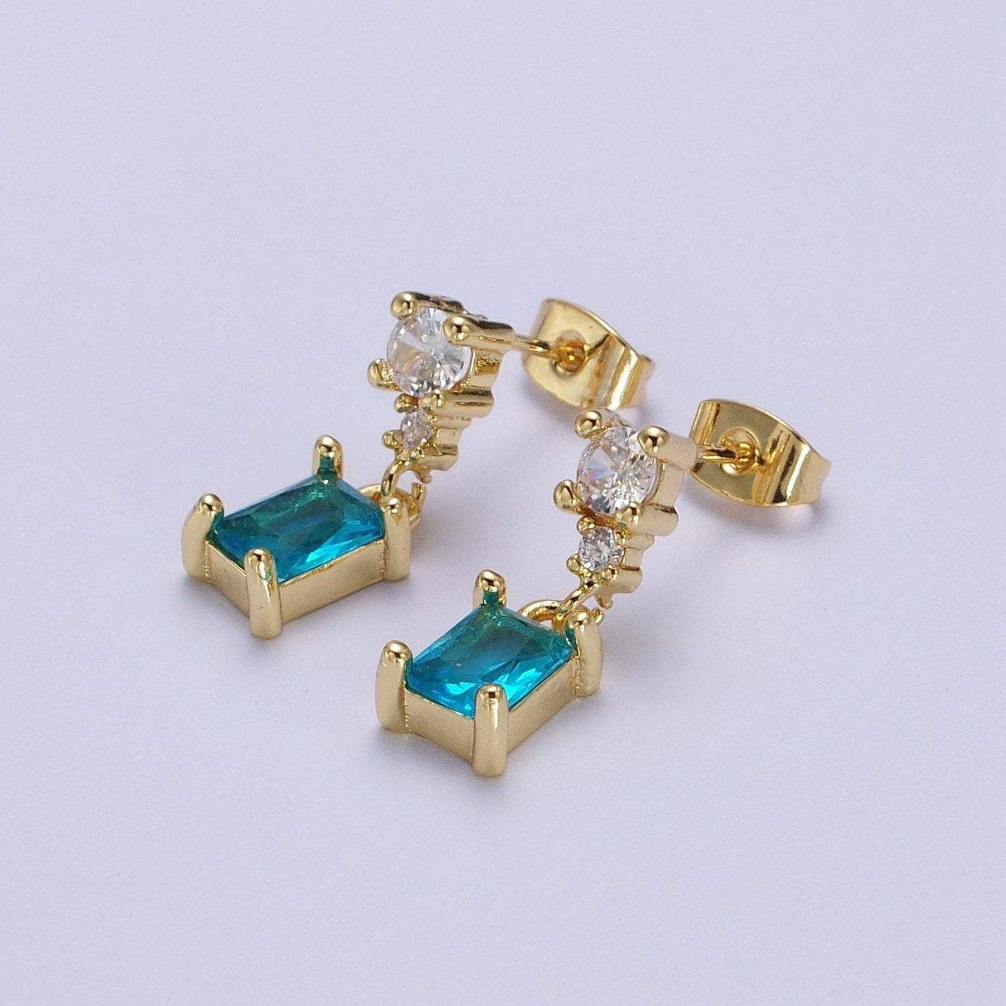 Gold Filled Aqua Blue Baguette Cubic Zirconia Dangle Drop Stud Earrings | Y119