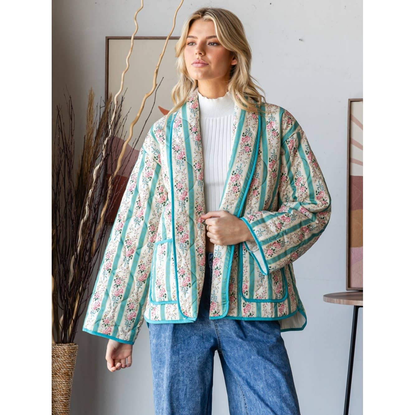 Quilted Stripe Flower Open Jacket
