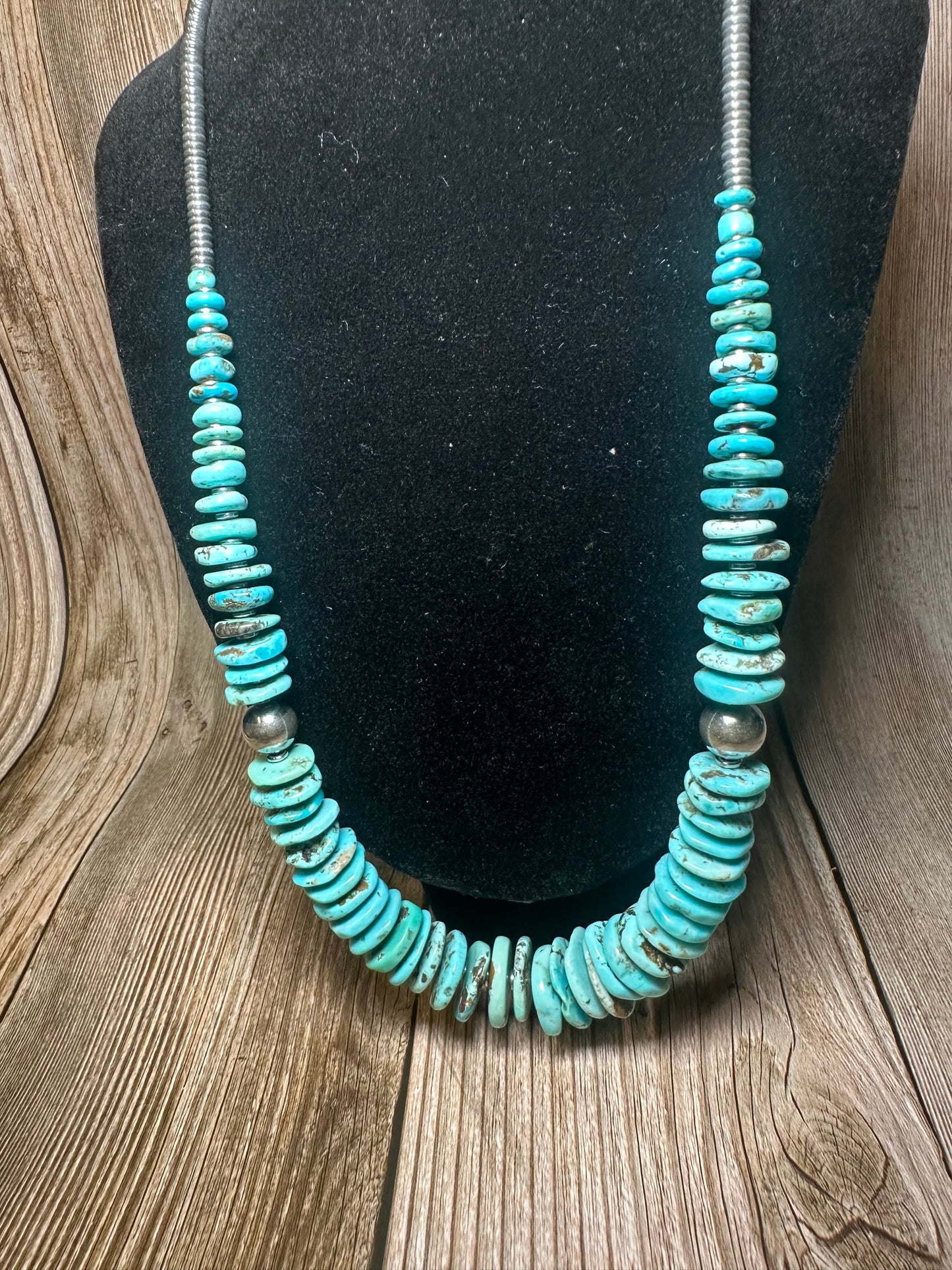 22 inch graduated turquoise necklace with Sterling silver pearls