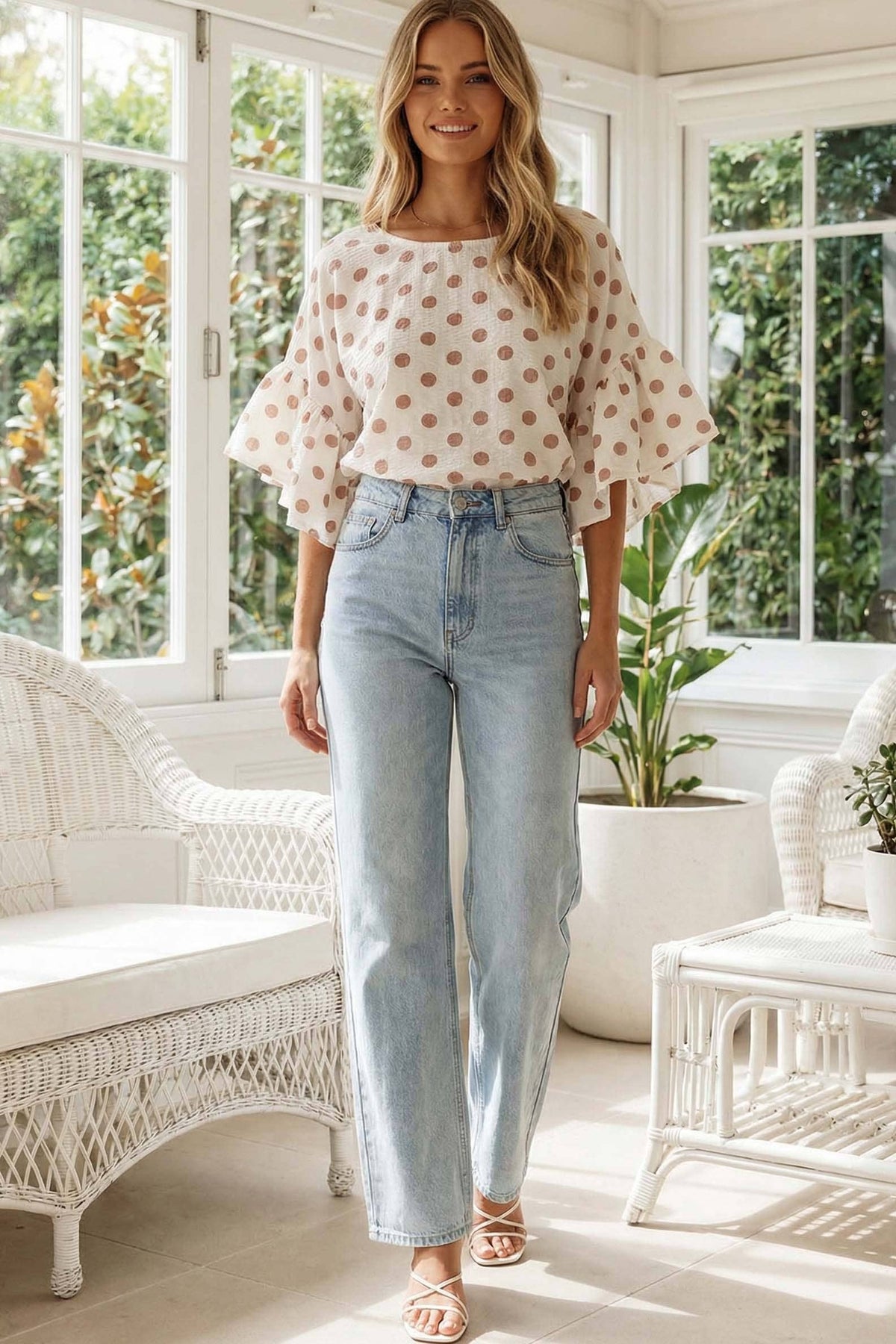 Polka Dot Wild Ruffle Sleeve Flowy Blouse Top VT83104D