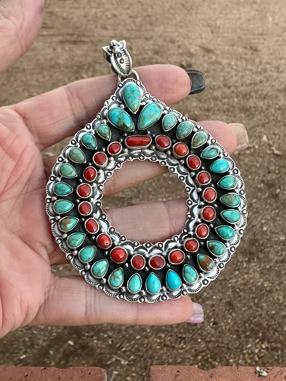 Handmade Sterling Silver, Coral & Kingman Turquoise Christmas Wreath Pendant