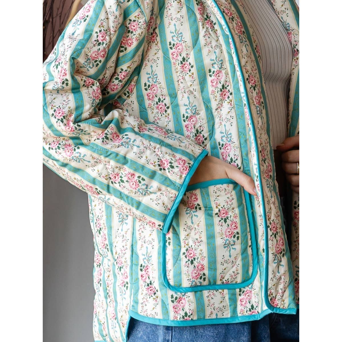 Quilted Stripe Flower Open Jacket