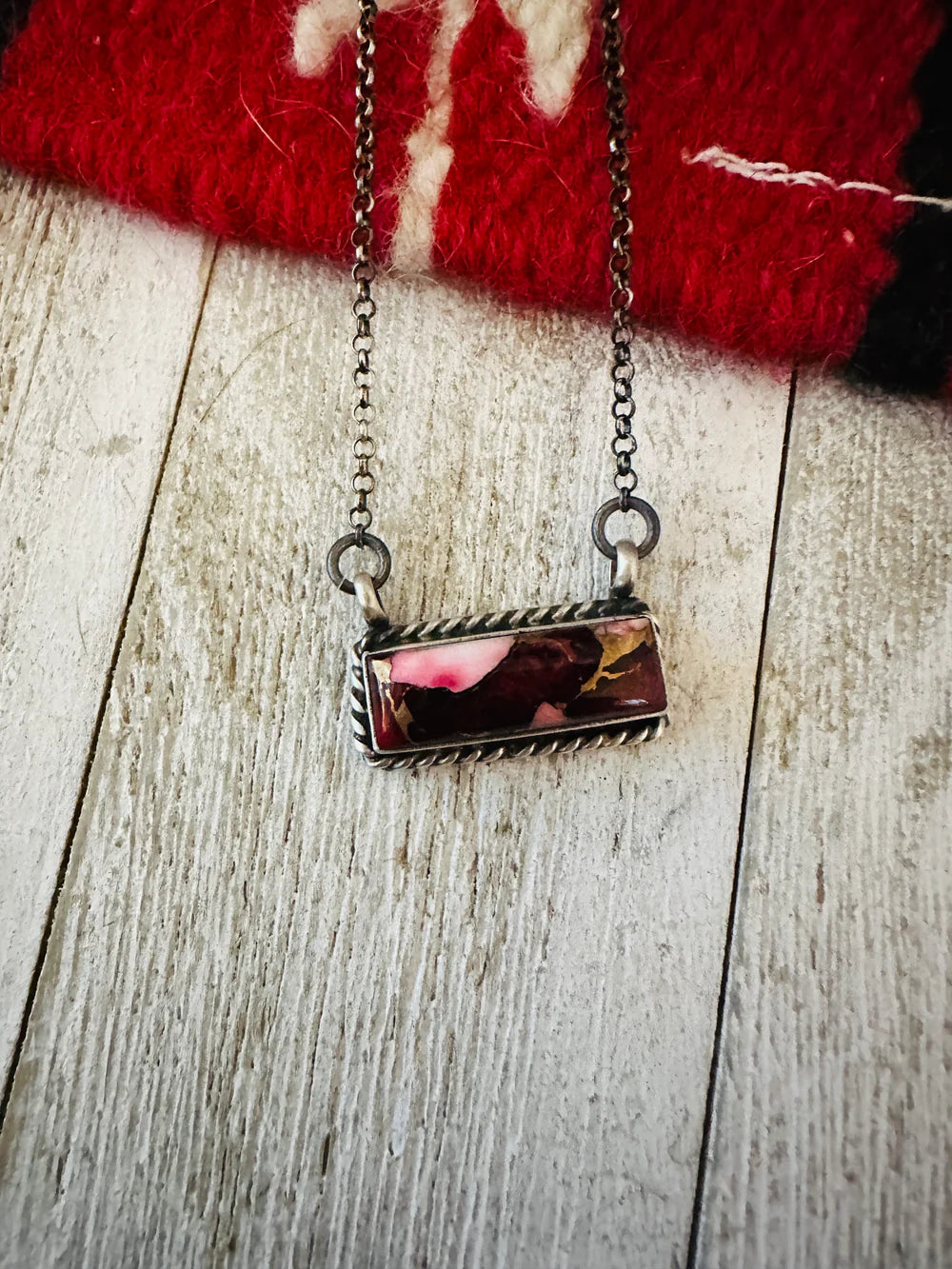 Navajo Rose Dahlia & Sterling Silver Bar Necklace