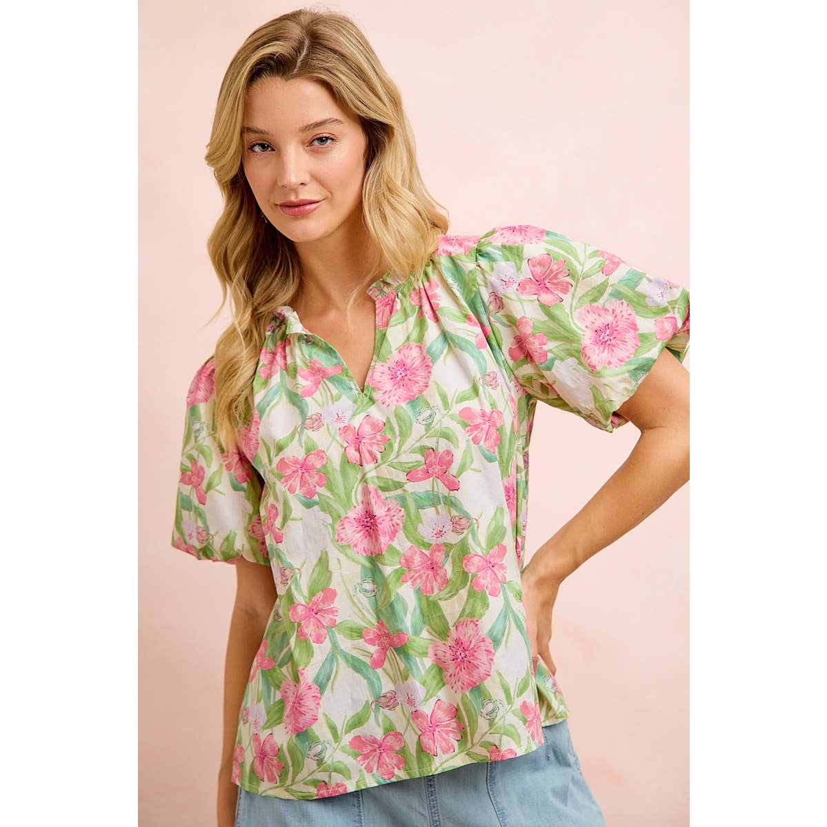 FLOWER PRINTED WOVEN RUFFLED V NECK TOP