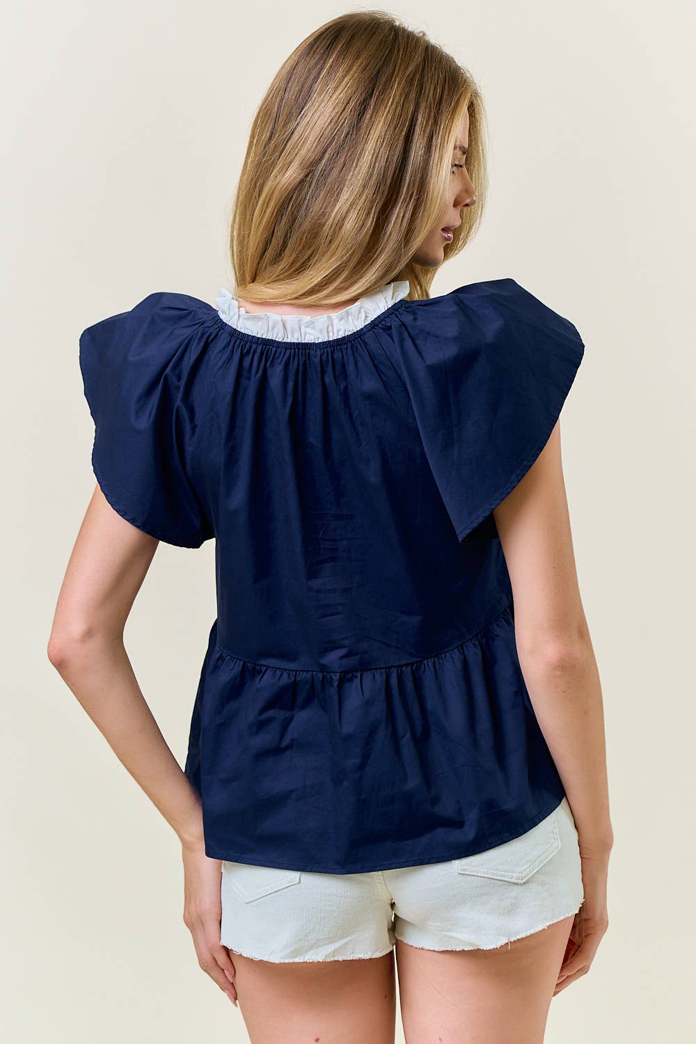 FLUTTER SHORT SLEEVE BOW TIE FRONT PEPLUM TOP - 45469T