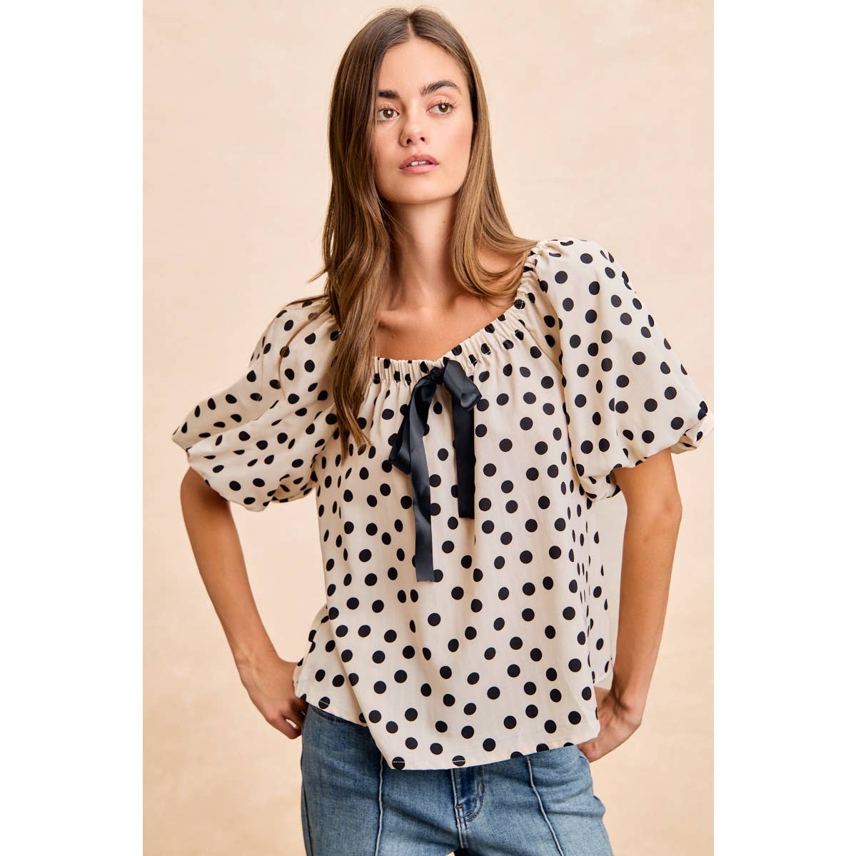 POLKA DOT BOW ELASTIC OPENING PUFF SLEEVES TOP