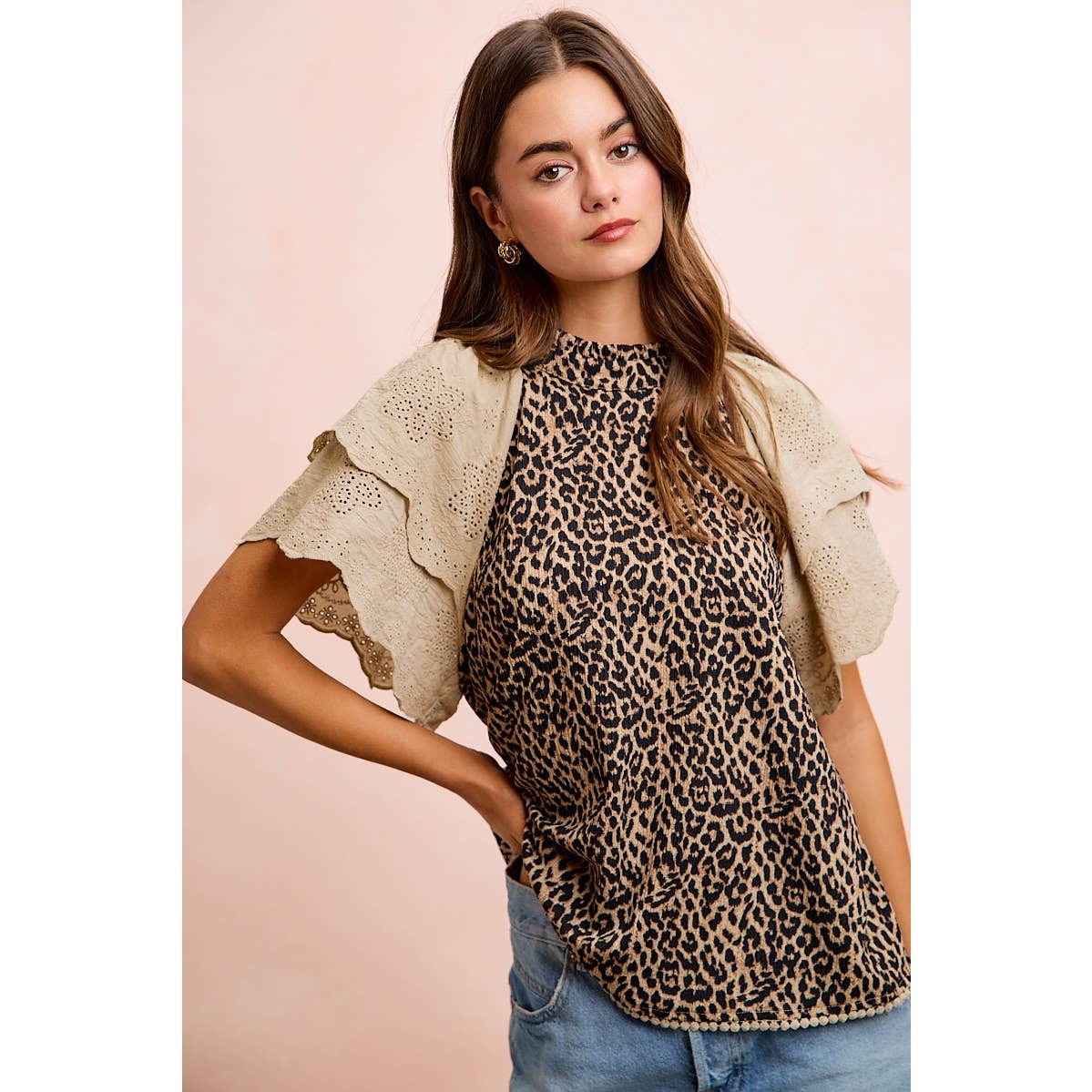 TEXTURED LEOPARD PRINTED LACE SLEEVE BLOUSE TOP