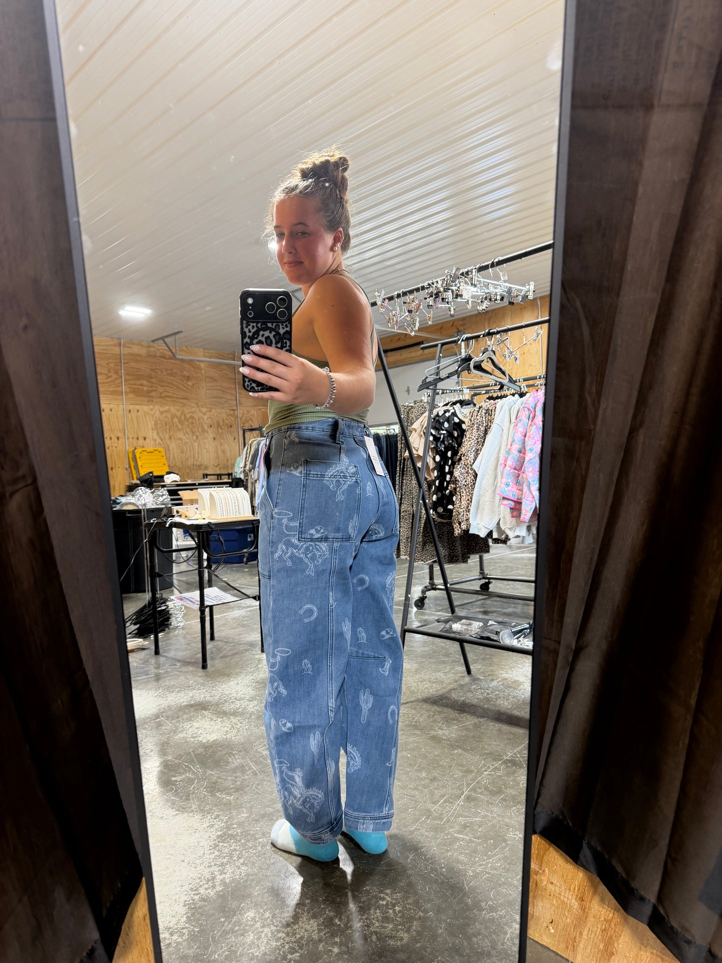 Western Print Barrel Leg Denim Jean