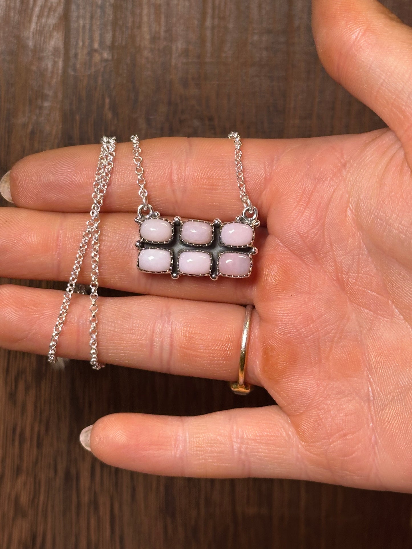 Handmade Sterling Silver & Pink Conch 6 Stone Bar Necklace