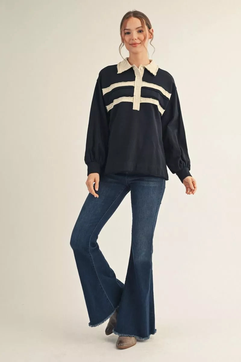 Raw cut stripe contrast long sleeve top