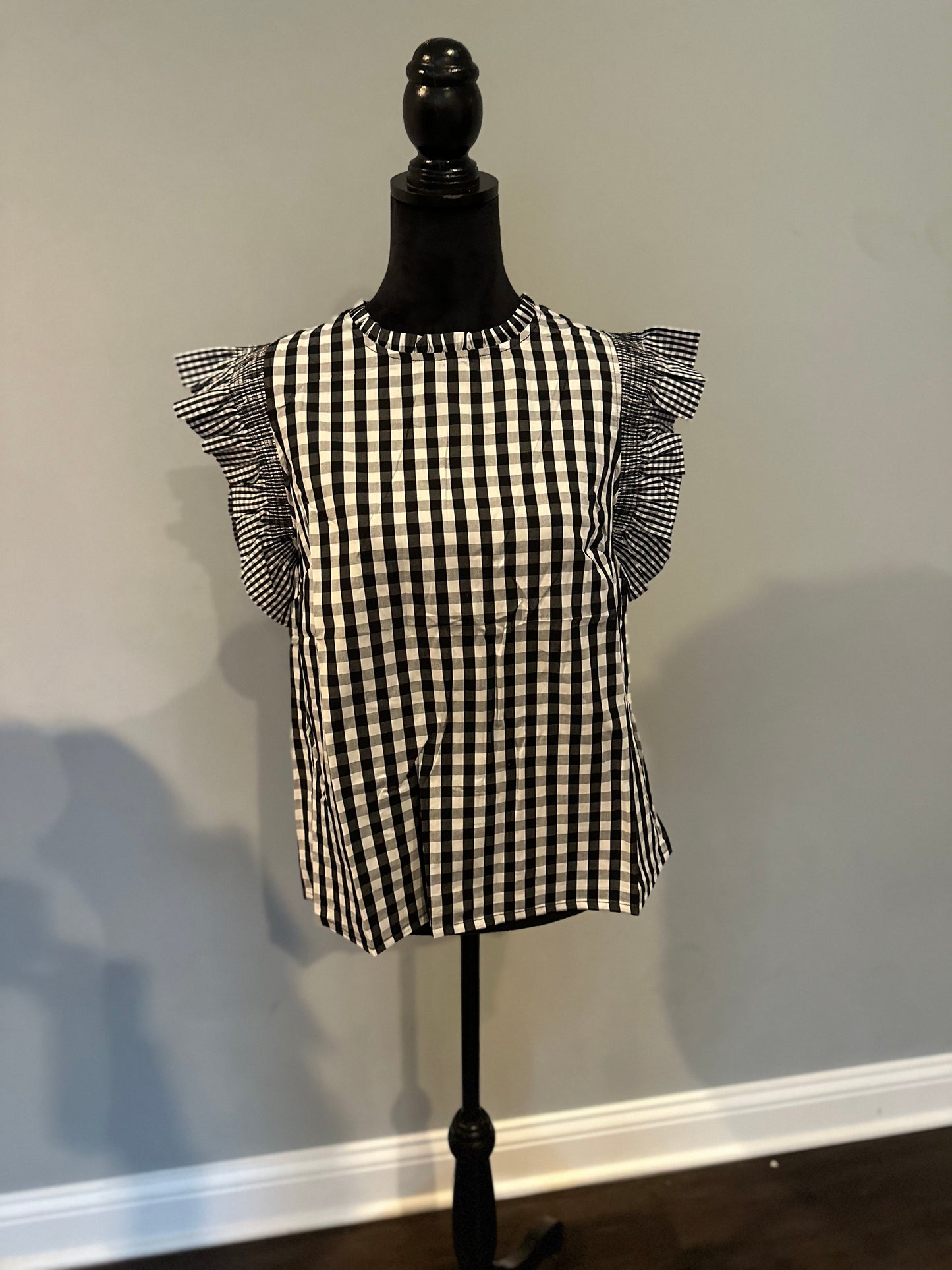 Checkered ruffle sleeve grilled neck blouse