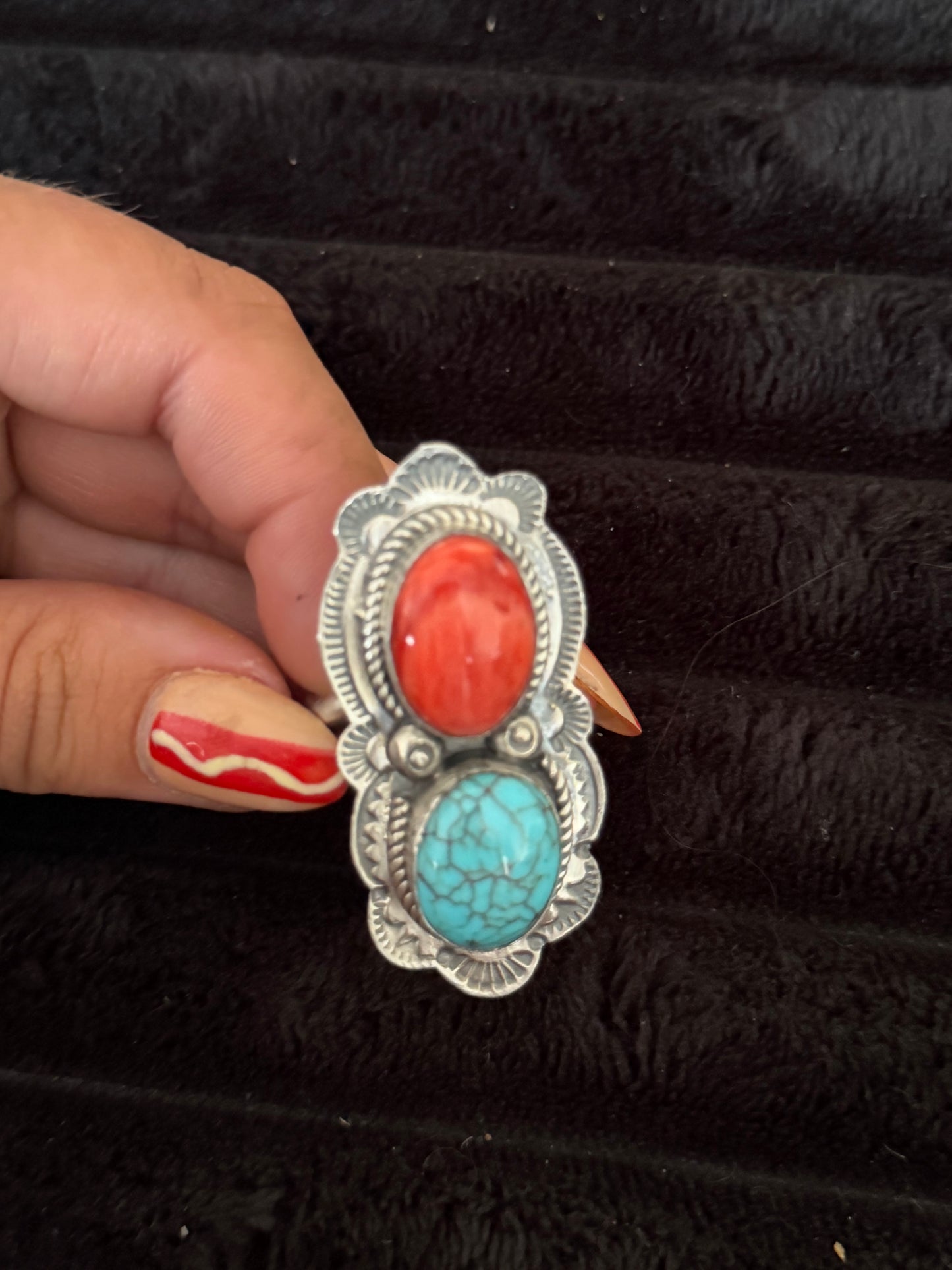 Navajo Handmade Spiny Oyster & Prince Turquoise Adjustable Ring - Boyd Ashley