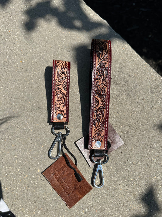 Tooled Leather Keychain - burgundy/dark brown/ sunflower