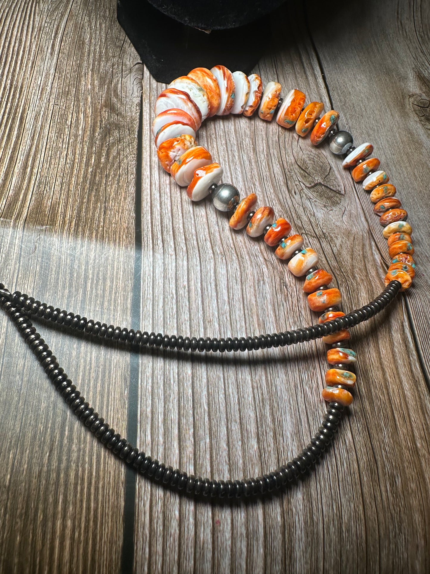 22 Inch orange spiny, turquoise and sterling silver pearls