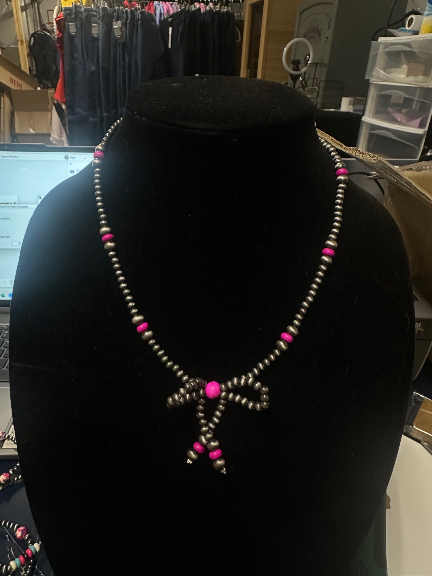Navajo Style Pearl & Bead Bow Necklace