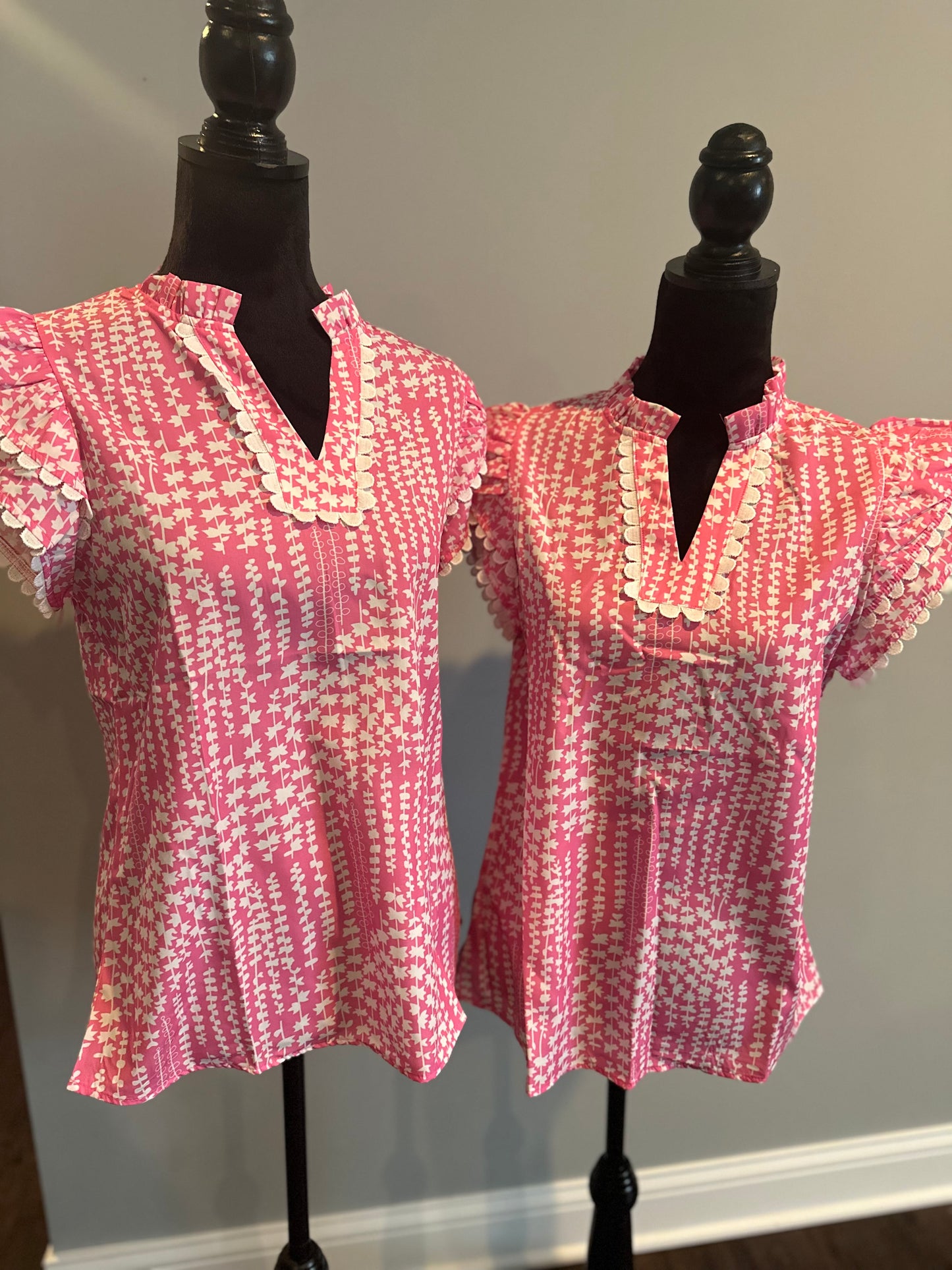 Pink Abstract Print Ric Rac Trim Flutter Sleeve Notch V Neck Blouse