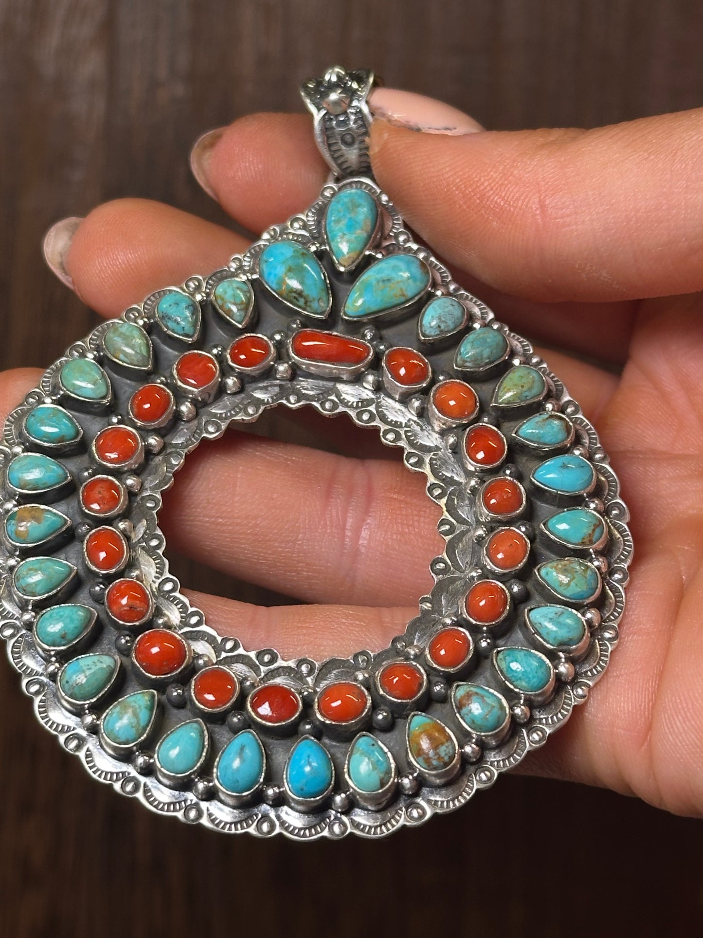 Handmade Sterling Silver, Coral & Kingman Turquoise Christmas Wreath Pendant