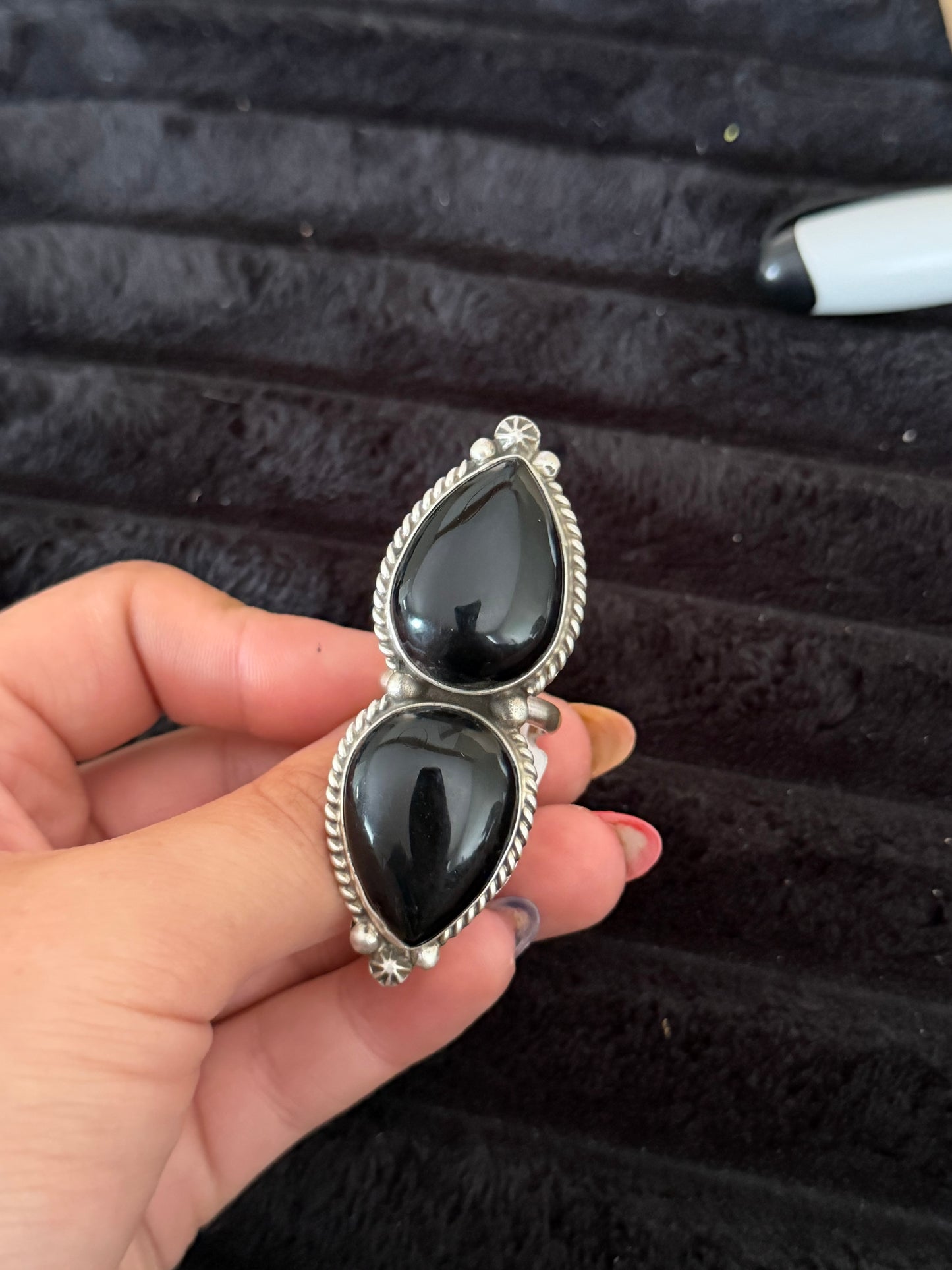 Navajo Handmade Black Onyx Adjustable Ring - Eugene Belone