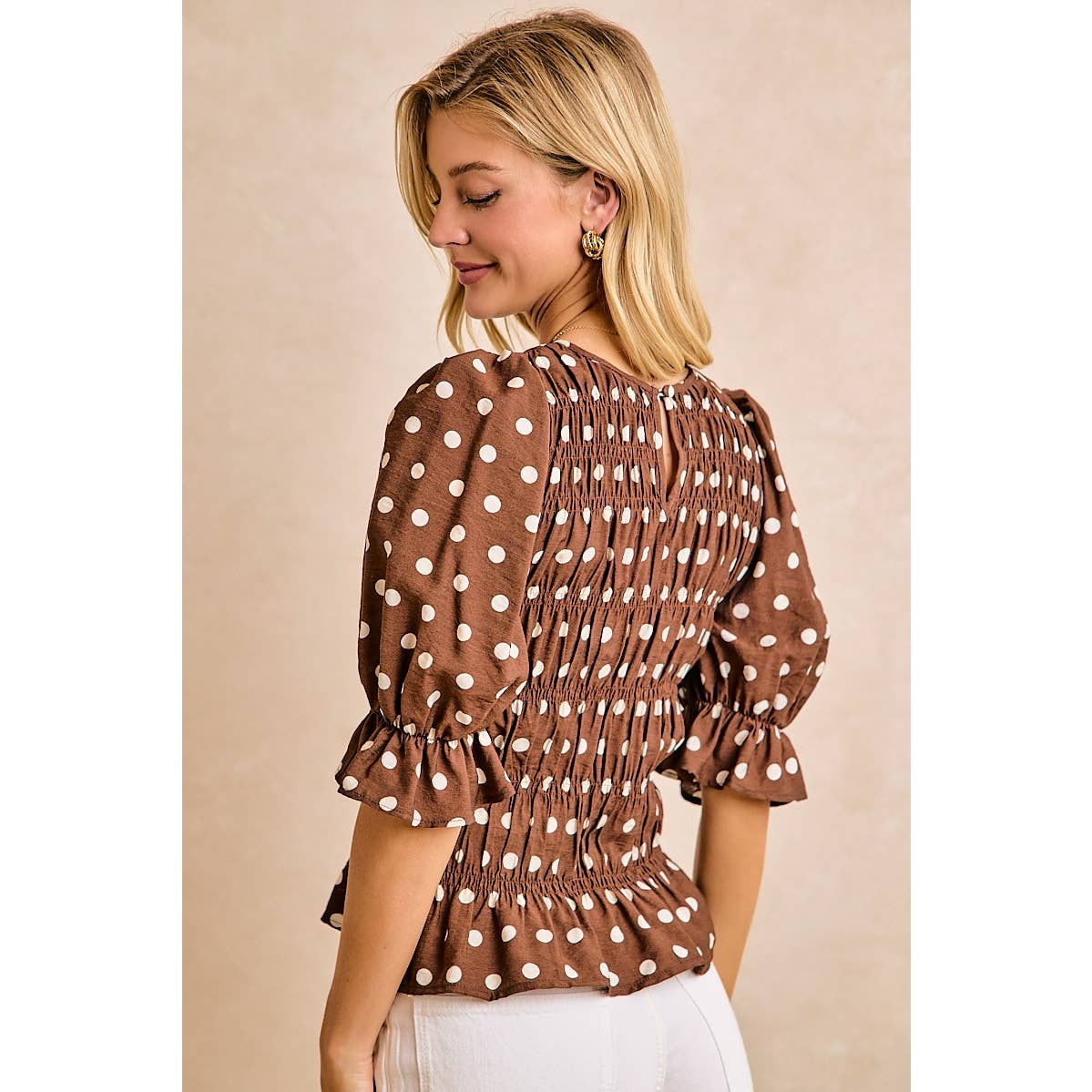 POLKA DOT PRINTED WOVEN SHIRRED BODY TOP