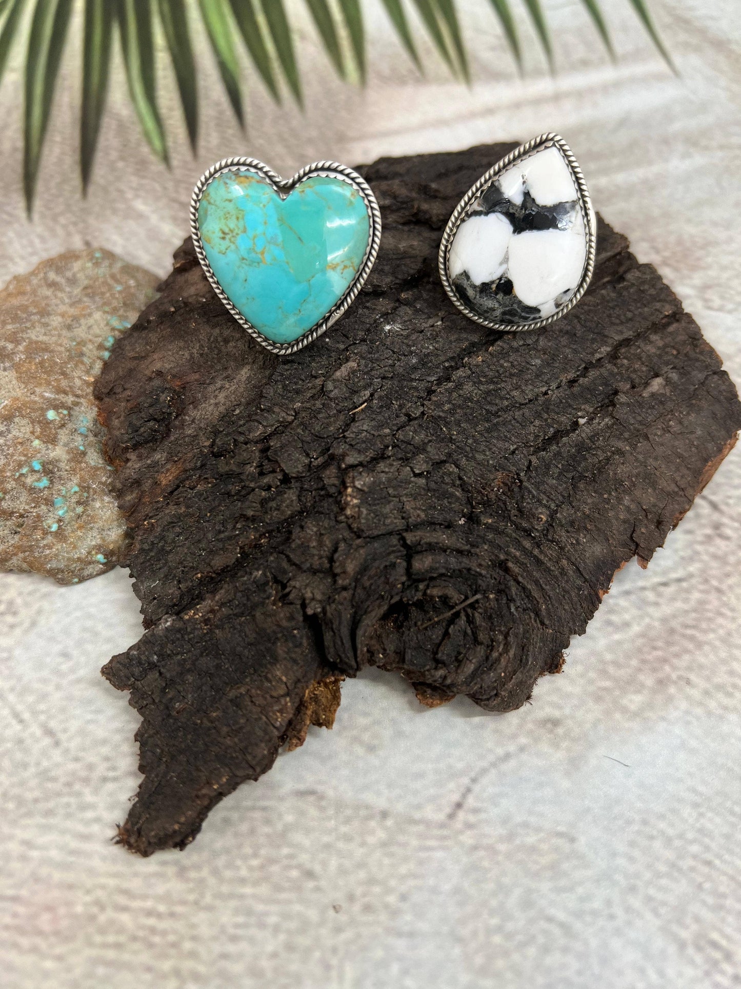 Handmade Sterling Silver White Buffalo, Kingman Turquoise Adjustable Ring, Signed Nizhoni (1)