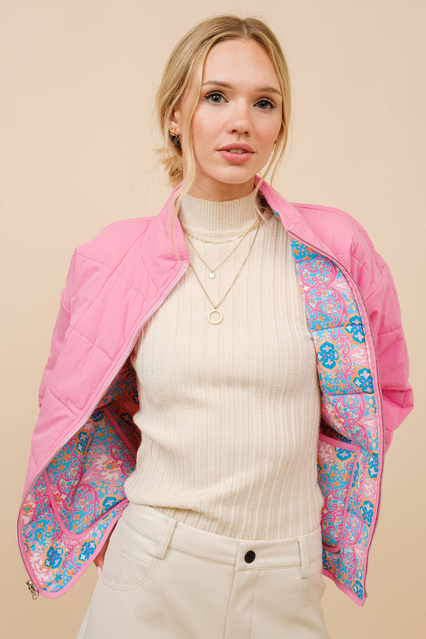 Rayon Challis Floral Reversible Quilted Jacket
