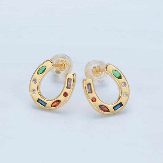 16K Gold Filled Multicolor CZ Horseshoe Stud Earrings | AD604