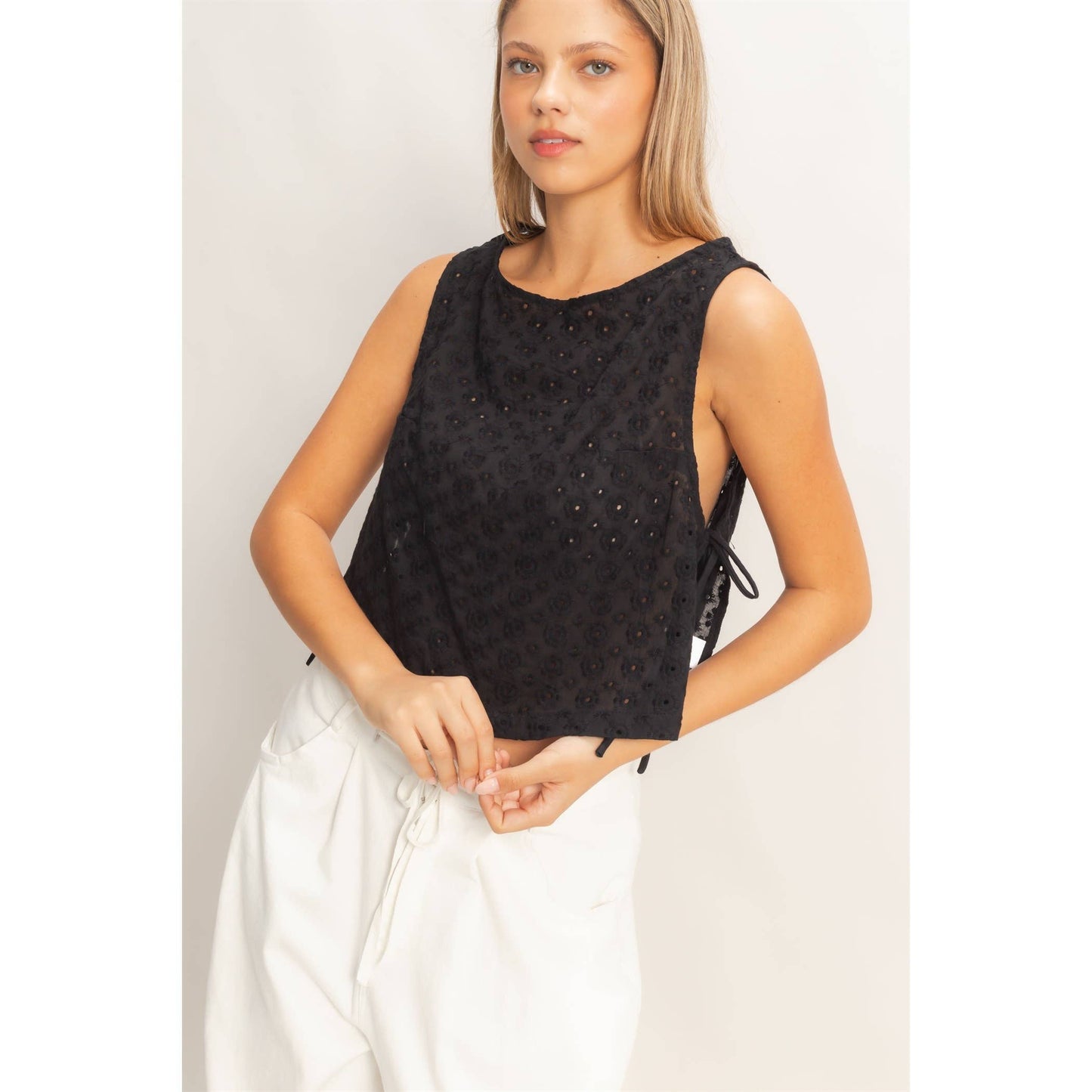 Sleeveless Textured Eyelet Top With Side Straps