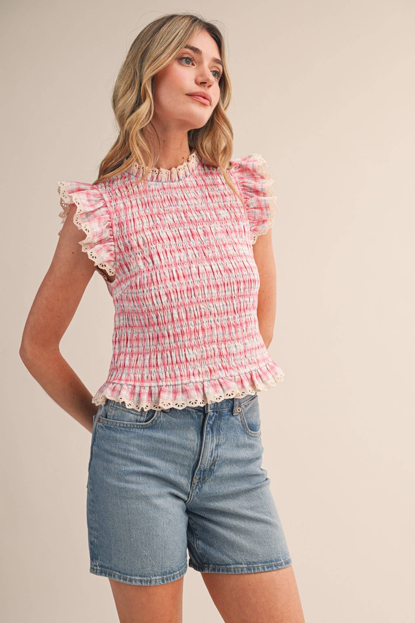 PLAID SMOCKED LACE TRIM TOP