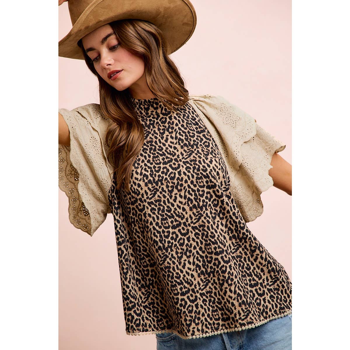 TEXTURED LEOPARD PRINTED LACE SLEEVE BLOUSE TOP