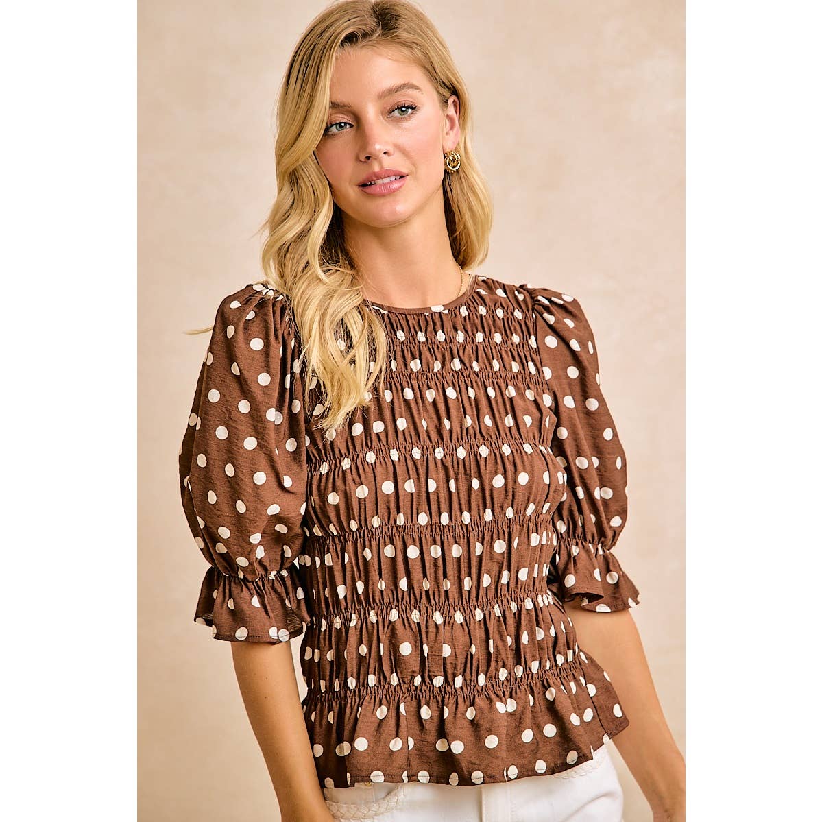 POLKA DOT PRINTED WOVEN SHIRRED BODY TOP