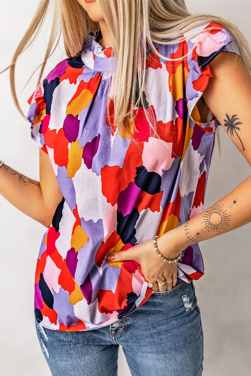 Multicolor Abstract Print Frill Neck Ruffle Sleeve Summer Top