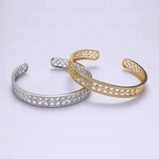 14K Gold Filled Spade Marquise Lined Micro Paved CZ Open Cuff Bangle Bracelet in Gold & Silver | WA-1931 WA-1932 Clearance Pricing
