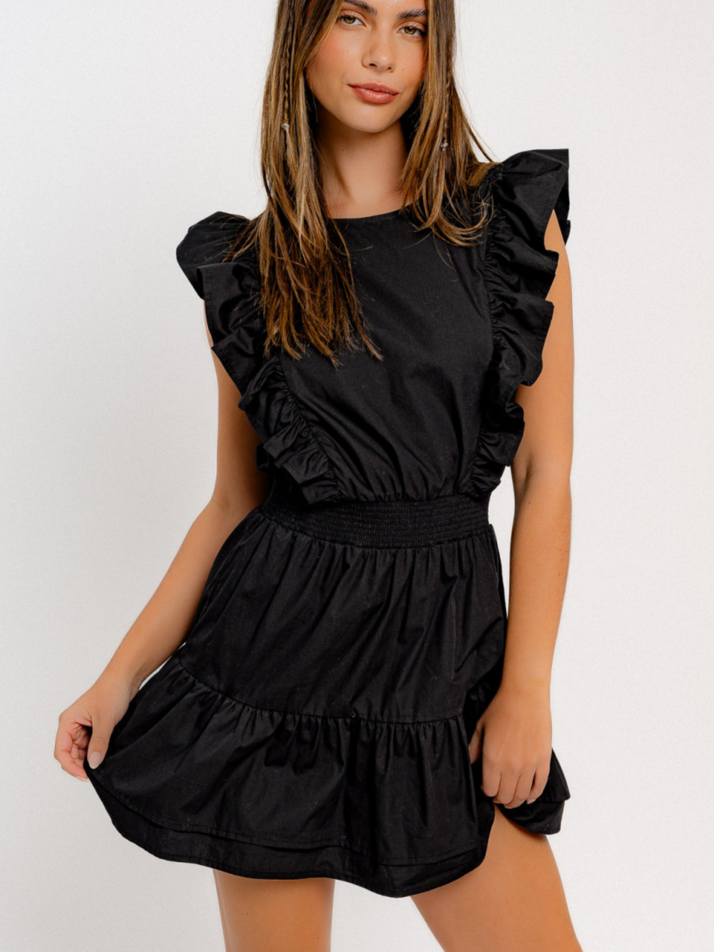 Round Neck Ruffle Sleeve Dress - Black