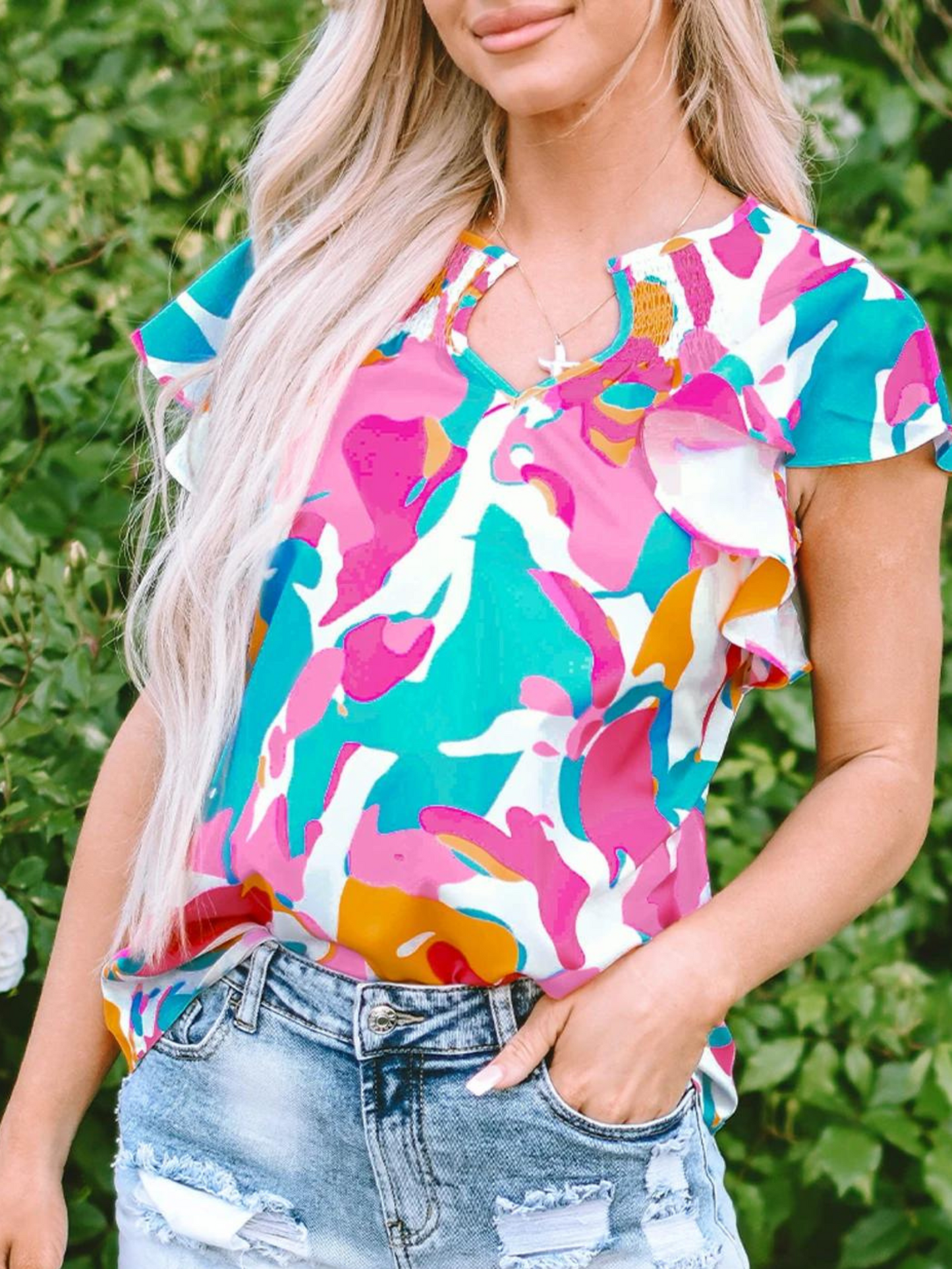 Multicolour Abstract Print Smocked Notched Neck Ruffle Blouse