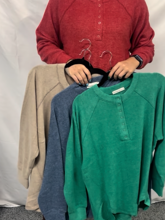 Brushed melange hacci oversized 7-button henley placket sweater
