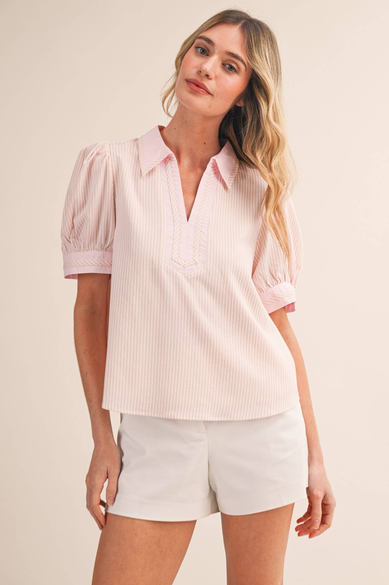 STRIPED CONTRAST BINDING COLLARED TOP MTP4840