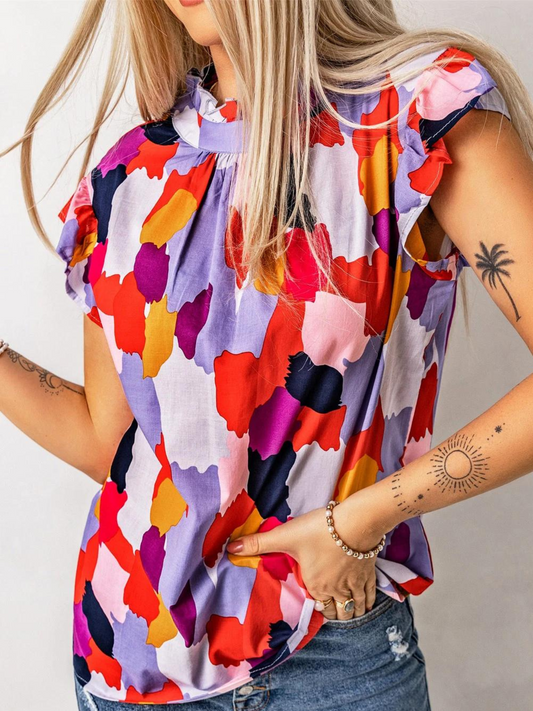 Multicolor Abstract Print Frill Neck Ruffle Sleeve Summer Top