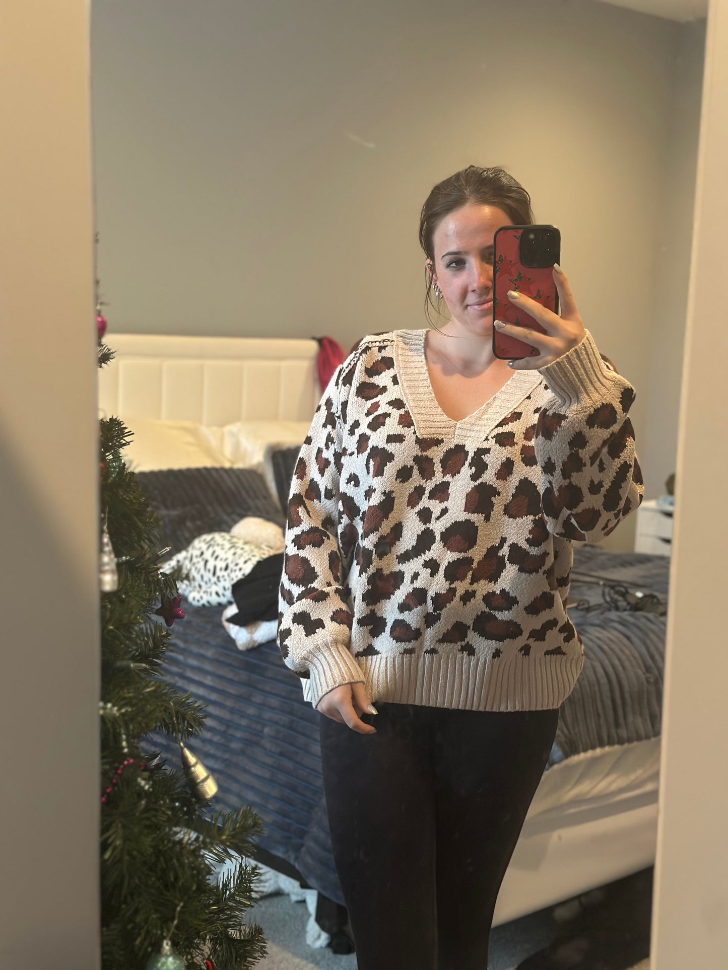 Leopard Pattern Rib Banded V-neck Sweater Top