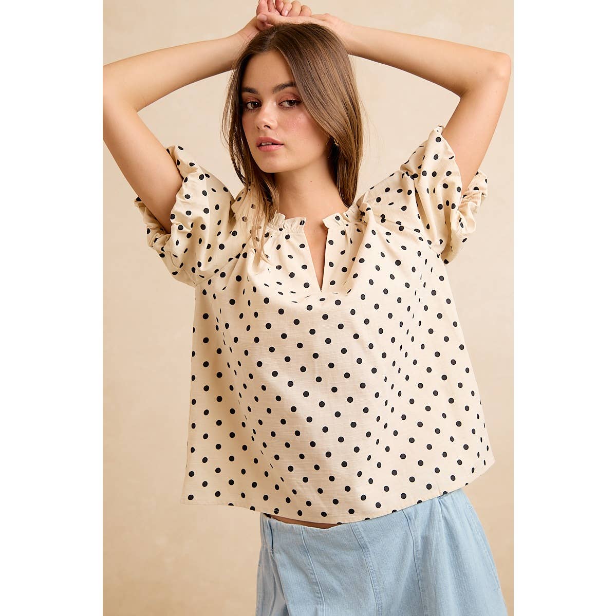 LINEN BLEND POLKA DOT PRINT BUBBLE SLEEVE BLOUSE TOP