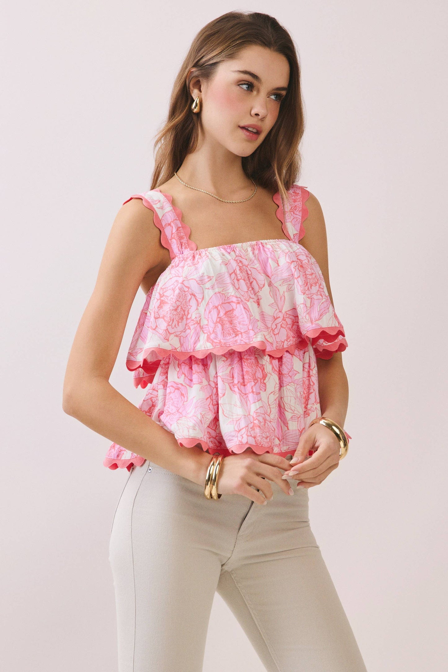 Floral Scalloped Trim Tiered Ruffle Strap Top