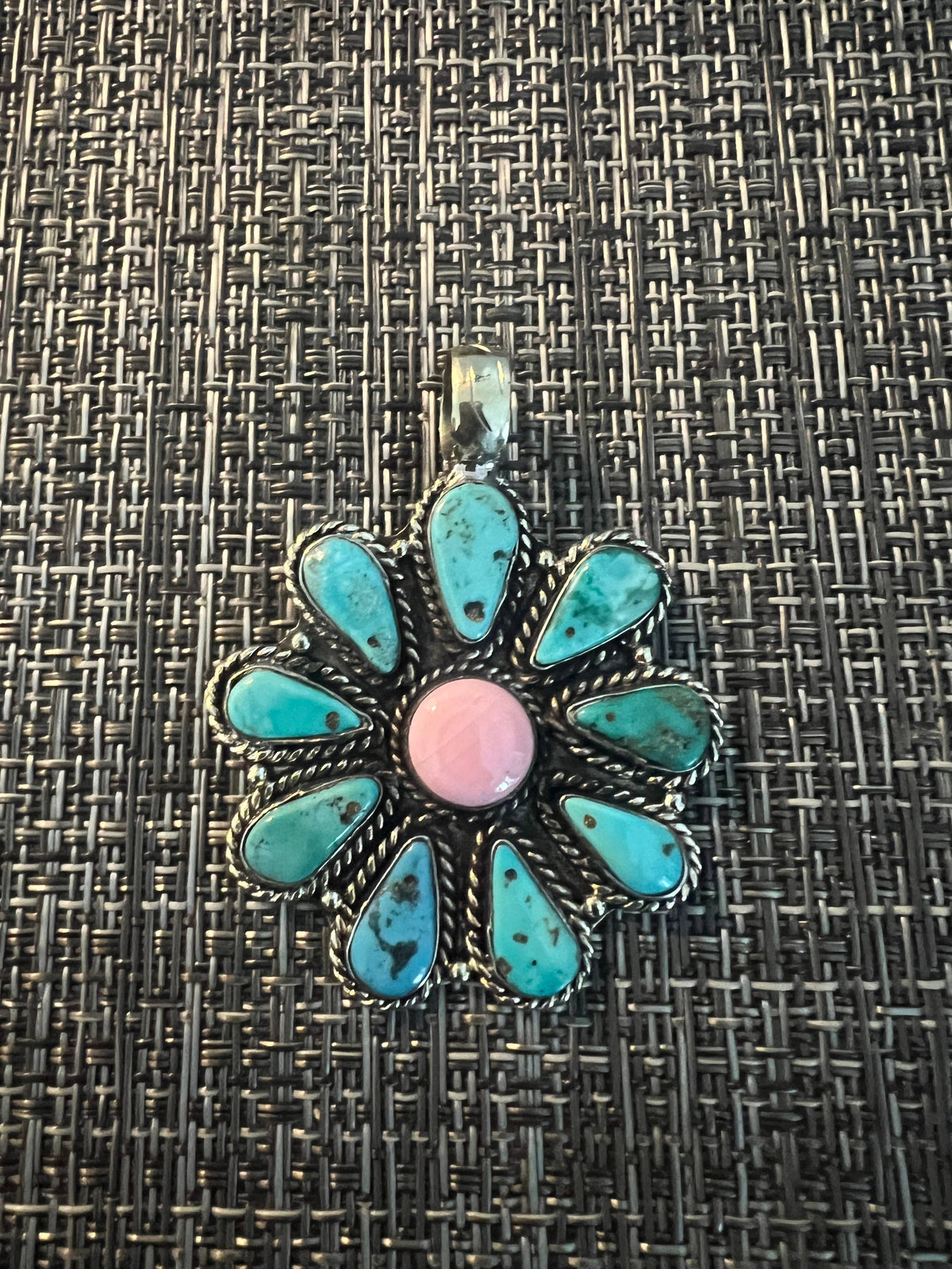 Natural Turquoise with pink conch shell pendant, 2x1.75 inch