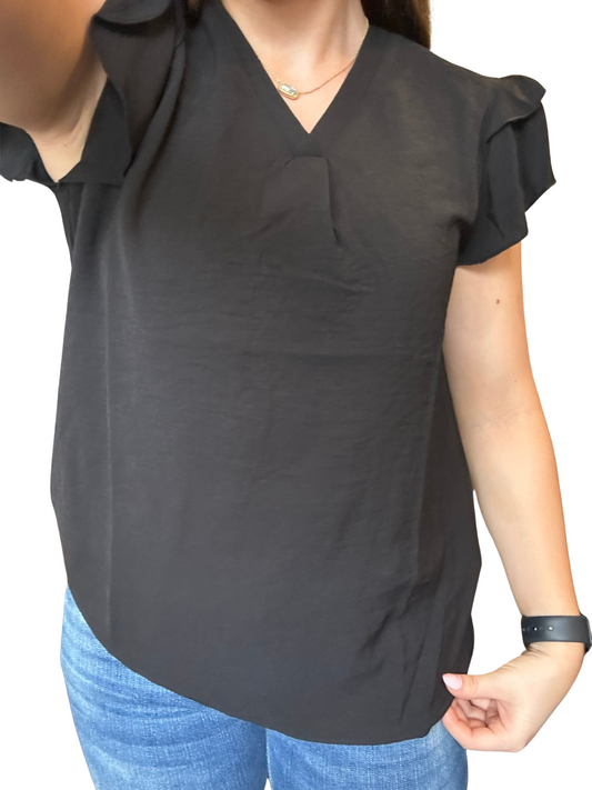 Black V Neck Ruffle Short Sleeve Blouse