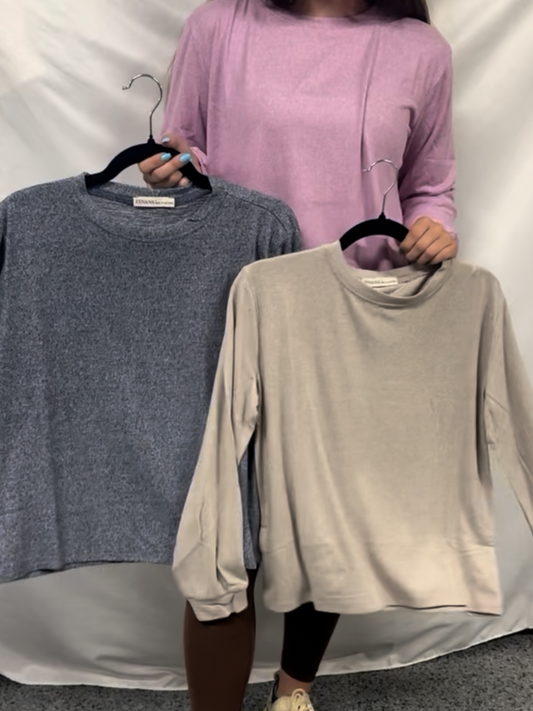 Soft melange hacci round neck long slv tee